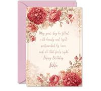 Wife Birthday Card - Vintage Peonies - Happy Birthday Card for Wife from Husband Partner, A5 Classic and Timeless Bday Greeting Cards