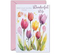 Wife Birthday Card - Watercolour Tulips Flowers - Happy Birthday Card for Wife from Husband Partner, A5 Female Floral Bday Greeting Cards