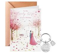Wife Birthday Cards For My Lovely, Happy Birthday Gift Kit, Including Watercolor Card, Envelope And Stainless Steel Heart Keychain, Party Presents From Husband Boyfriend For Wife Girlfriend
