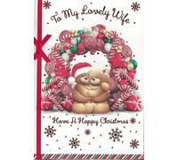 Wife Christmas Card Large 26 x 18 cm - “To My Lovely Wife” Cute Teddy Bears & Candy Cane Wreath - Happy Christmas Red Ribbon Design - Premium Festive Greeting Card with Envelope