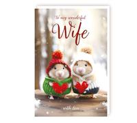 Wife Christmas Card - Wonderful Wife, with Love - Hamsters with Knitted Love Hearts - Festive Design - Made in the UK - Eco-Friendly