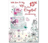 Wife Crystal 15th Wedding Anniversary Card Wedding Cake Medium Size with Plain Envelope