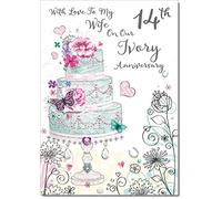 Wife Ivory 14th Wedding Anniversary Card Wedding Cake Medium Size with Plain Envelope