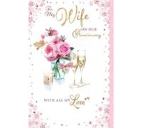 Wife Wedding Anniversary Card - Pink Roses Champagne Glasses & Gold Foil 9x6"