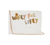 WIFEY FOR LIFEY Bridal Clutch, Bride Bag, Hand Beaded Purse for Bachelorette Party, Wedding, Bridal Shower Gifts, White, S
