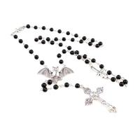 Wiffe Ankh Cross Black Beads Bat Necklace Punk Cool Long Rosary Beaded Necklace Gothic Cross Sweater Chain for Women Men Gothic Fashion Accessory Halloween Costume Jewelry