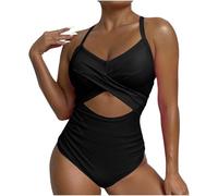 Wiffe Blocked Cutout Strap Swimsuit with Block Print, Black XL