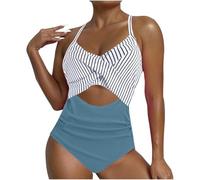 Wiffe Blocked Cutout Strap Swimsuit with Block Print, Blue XL