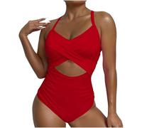 Wiffe Blocked Cutout Strap Swimsuit with Block Print, Red S