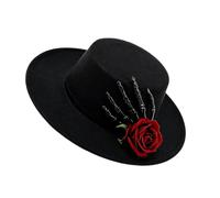 Wiffe Hat with Skeleton Hand and Red Rose Design | Acrylic Fabric with Plain Felt Base, Black Wide Brim, Textured Gothic Fedoras Cap for Themed Stage Event