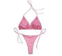 Wiffe Two Pieces-Halter Bikinis Set Sparkly Pearls Swimsuit, M, E M