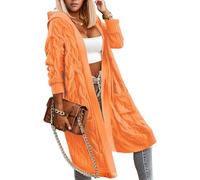WIFFGO Women's Cardigans Hooded Open Front Cable Knit Sweaters Chunky Pocketed Oversized Knee Length Long Coats, I:orange, M