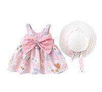 Wifgmjy Summer Dress Toddler Baby Girl Sundress with Sun Hat Cotton Princess Dress Sleeveless Sweet Floral Beach Sun Straw Hat Vacation A-Line Photography Baby Sundress B-Pink