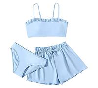 Wifgmjy Toddler Girl's 3 Swimsuits Soild Bikini Rullfe Bathing Suit Briefs Girls Bikini Swimwear Set Swimsuit Big Girls (1A-Blue, 10-12 Years)