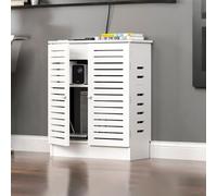 WiFi Router Storage Cabinet, Floor Standing Organizer with Doors, Power Strip and Cable Management, Flame-Retardant and Waterproof Wooden Shelf for Home or Office