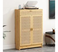WiFi Router Storage Cabinet with Drawer Bamboo Rattan Weaving Breathable Router Box Hider, Power Outlet and Cable Management Concealed Storage Cabinet(Natural,70 * 25 * 91cm)