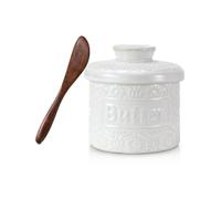 WIFORH French Design Ceramic Butter Crock, Vintage Relief Pattern, Airtight Water Seal for Spreadable Butter, Countertop Butter Crock with Lid, White