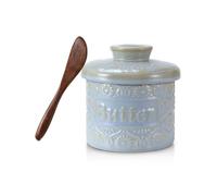 WIFORH French Design Ceramic Butter Crock, Vintage Relief Pattern, Airtight Water Seal for Spreadable Butter, Countertop Butter Crock with Lid, Light Blue