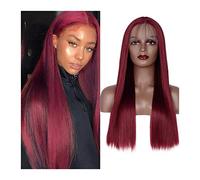 Wig 99J Burgundy Straight Lace Wig Glueless Pre Plucked Hairline 180% Density Natural Heat Resistant Synthetic T Part Lace Front Wigs For Women Grey Wigs For Women (30Inches 13X1 T Part Lace Wig)