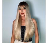 Wig, Bangs gradient grey long straight hair chemical fibre high temperature silk wig head cover,Human hair wig(Light Brown)