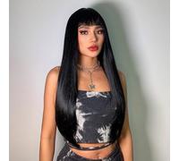 Wig, Bangs gradient grey long straight hair chemical fibre high temperature silk wig head cover,Human hair wig(Black)