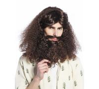 Wig & Beard Set Carnival Halloween Long Curly Brown Guru Hippie Hipster