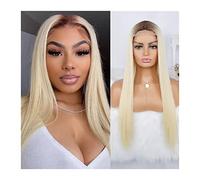 Wig Blonde 613 Long Straight Lace Wig With Brown Roots Natural Synthetic Wigs For Women Realistic Middle Part Hairline Heat Resistant Fiber Wig Grey Wigs For Women (28 Inch)