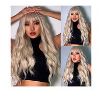 Wig Blonde Wig with Bangs Long Body Wave Wigs for White Women, 26inch Natural Synthetic Heat Resistant Fiber Hair Wigs for Everyday/Party/Cosplay Daily Wigs(A)