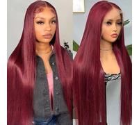 Wig, Burgundy Straight Human Hair Wig 13x6 Transparent Lace 200% Density,Human hair wig(4inch)