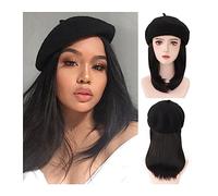Wig Cap Wig Ladies Hat Wig Short Straight Synthetic Wig Black Hair Extensions 16 Inches Straight Hair For Ladies Wig Hat(4)