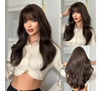 Wig Cold Brown Curly Wig with Wavy Bangs for Women,Daily Full Head Synthetic Hair