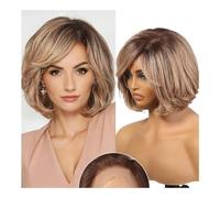 Wig, Dark Roots Blonde Brown Bob HD Lace Front Human Hair Wig with Bangs(Dark brown+light brown)