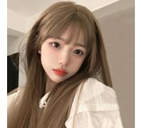 Wig Female Air Bangs Natural Artificial Hair Long Straight Hair Full Headgear Milk Tea Color 60Cm
