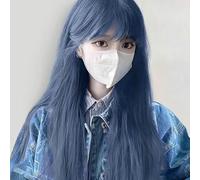 Wig Female Highlights Haze Blue Gray Temperament Women'S Full Head Cover Long Straight Hair Simulation Wig Set