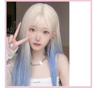Wig Female Highlights Haze Blue Gray Temperament Women'S Full Head Cover Long Straight Hair Simulation Wig Set