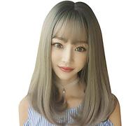Wig female long buckle fashion grandma gray air bangs realistic matte hairDark brown Green wood linen ash