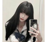 Wig Female Long Hair Halloween Cos Daily Comics Black Long Straight Bangs Wig Set