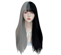 Wig Female Long Straight Hair Black And White Air Bangs Gradient Color Headgear Cos Wig
