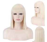 Wig for BoBo head blue green gray rice white black red pink Qi bangs anime cos nightclub female shoulder-length straight short wig color:714-5 off-white