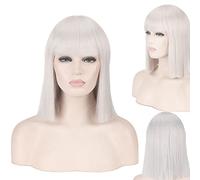 Wig for Carnival Nightlife CluI Party Dress Up Wig Bobo Head Blue Green Gray Rice White Black Red Pink Qi Bangs Anime Cos Nightclub Female Shoulder-Length Straight Short Wig Color:714-2 Silver White