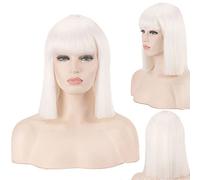 Wig for Carnival Nightlife CluI Party Dress Up Wig Bobo Head Blue Green Gray Rice White Black Red Pink Qi Bangs Anime Cos Nightclub Female Shoulder-Length Wave Straight Short Wig Color:714-4 White