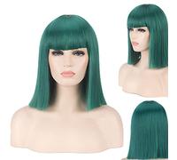 Wig for Carnival Nightlife CluI Party Dress Up Wig Bobo Head Blue Green Gray Rice White Black Red Pink Qi Bangs Anime Cos Nightclub Female Shoulder-Length Wave Straight Short Wig Color:714-7 Green
