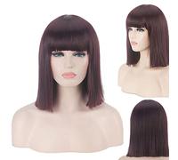 Wig for Carnival Nightlife CluI Party Dress Up Wig Bobo Head Blue Green Gray Rice White Black Red Pink Qi Bangs Anime Cos Nightclub Female Shoulder-Length Straight Short Wig Color:714-6 Wine Red