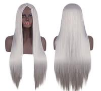 Wig for Cosplay Wig Universal Split Scalp Black Long Straight Hair 80CM Anime Wig Color: Silver Center Split