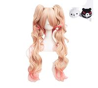 Wig For Enoshima Junko Cosplay Wig Pink Long Wavy With Ponytail Clip Heat Resistant Cosplay Wig + Bear Hairpins OneSize withhairpin