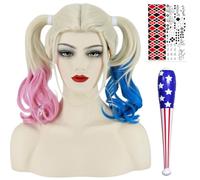 Wig for Harley Quinn Women's with Tattoo Wig Cap Long Wigs for Women Faching Carnival Theme Party Harley Quinn Costume Halloween Wig (Blonde Blue Pink) VD122