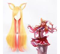 Wig for LOL Ahri Fox Star Guardian Long Straight Blonde Pink Mixed Heat Resistant Synthetic Hair Cosplay Halloween + Free Wig Cap