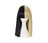 Wig For SIA Cosplay Wig Short Straight Flat Bangs Half Black and Blonde Heat Resistant Synthetic Hair Wig + Wig Cap + Big Bowknots Wigonly