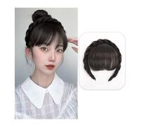 Wig for Women Front Hair Bangs Wig Fringe Hair Extensions Synthetic Fake Neat Bangs Wigs with Double Row Braids Headband Hair Accessories for Women Girls(Natural black)