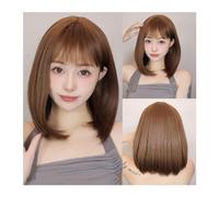 Wig for Women Light Brown Synthetic Wigs Straight Short Bob Cut with Bangs Wig for White Women Korean Daily Party Cosplay Heat Resistant Hair Natural Hair Wig(LC1052-2)